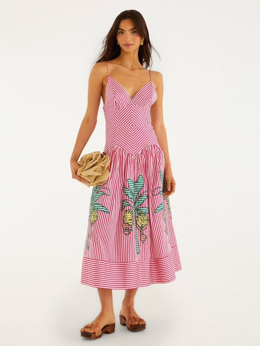 FARM RIO Pink Palm Tree Stripes Cutwork Dress NWTs